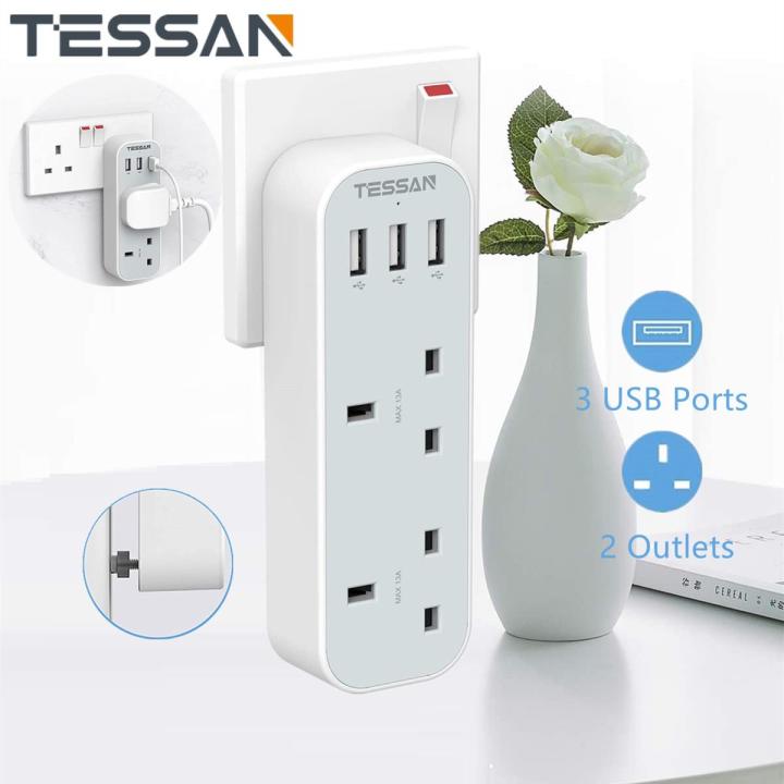 TESSAN UK Plug Extension Socket Power Strip with 2 AC Outlets 3 USB ...