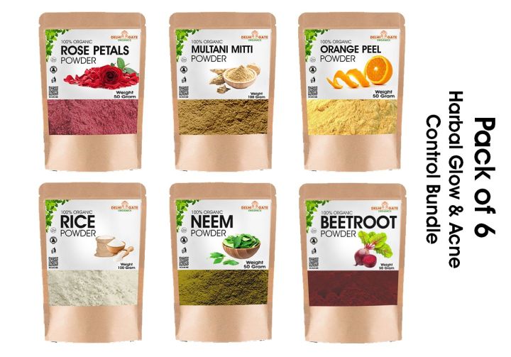 Pack Of 6 50GM Beetroot Powder + Orange Powder + Rose Powder + Neem Powder & Multani Mitti Powder + Rice Powder