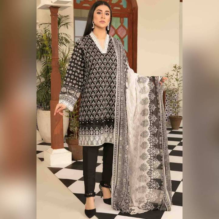 Warda Unstitched - BLACK 3 Piece Chiffon Lawn Chikan Kari For Women 3820305