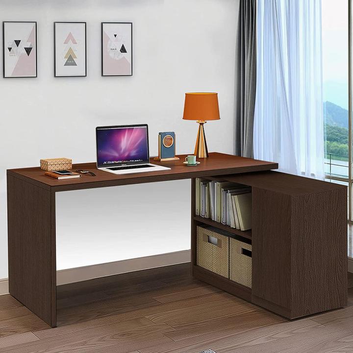 L Shaped Computer Desk, Rustic Wood Corner Desk, Industrial Writing Workstation Table with Cabinet Drawer Storage for Home Office Study