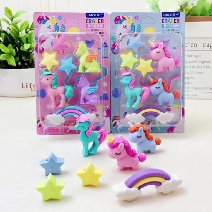 Fancy Unicorn Eraser Set - 7 Different Pieces In Set - Creative Unicorn, star and rainbow fantasy eraser