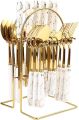 Openi - 24 Pcs Household Cutlery Set with Hanging Rack - Independent Storage And Easy To Use - Durable Stainless Steel Material - Fork, Spoon, Knife, Tea Spoon Set And White Marble Design Handle. 