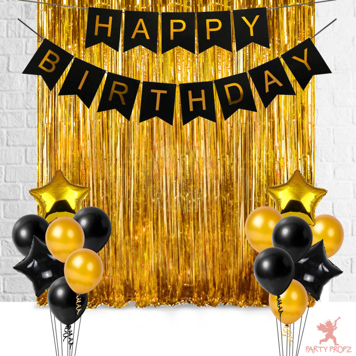 Happy Birthday Decoration Golden Foil Curtain, Banner And Balloons Decoration Items Combo For Birthday Party Supplies