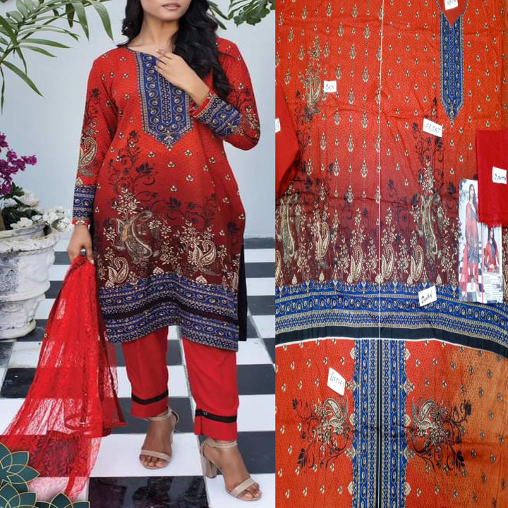 Fancy Malai Printed Unstitched 3 Piece Suit Best for Girls  & women - Art# JS - FMPL - SC - M16 - BD