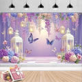 Butterfly Backdrop Wedding Cake Smash Purple Banner Flower Pink Background for Birthday. 