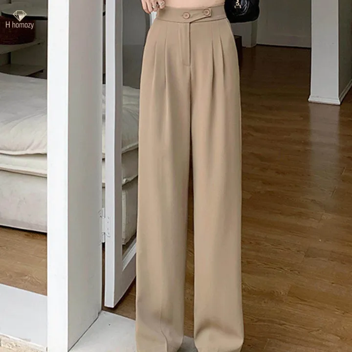 Womens%20Wide%20Leg%20Pants%20Straight%20Leg%20High%20Waisted%20Office%20Loose%20Long%20Pants%20L%20Khaki%20-%20Image%204