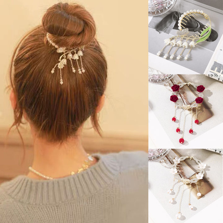 Wedding Styling Tools Hairpin Flower Festival Tassel Hair Clip For Women Temperament Ponytail Hair Holder Hair Bun Accessories