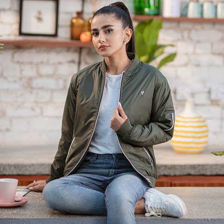 FITTED Olive Bomber Jacket For Women