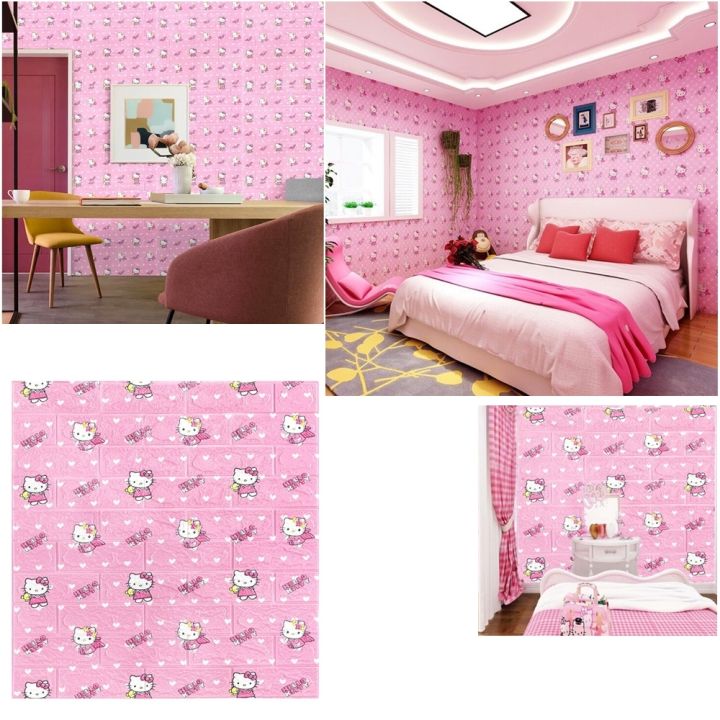 Hello Kitty 3D Foam Waterproof Wall Sticker for Kids Room, Self-Adhesive Soundproof Panel, Anti-Collision Background Decor, 77cm x 70cm