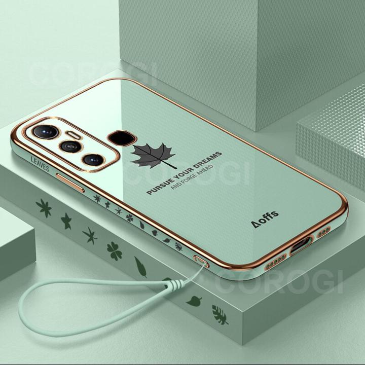 For Infinix Hot 11 Back Cover with Lanyard Fashion Shiny Plating Maple Leaf Design Camera Lens Protection Square Edge Soft Silicone Protective Phone Case