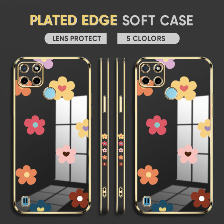 (Free Lanyard) Luxury 6D Plating Case for Realme C21Y / C25Y Back Cover Color Cartoon Flowers Side Pattern Soft Silicone Square Phone Cases