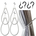Curtain Tiebacks Ropes Metal Holders Cord for Thin or Thick Window Drapes 4 Pack Curtain Holdbacks with 4 Metal Screw Hooks Silver. 