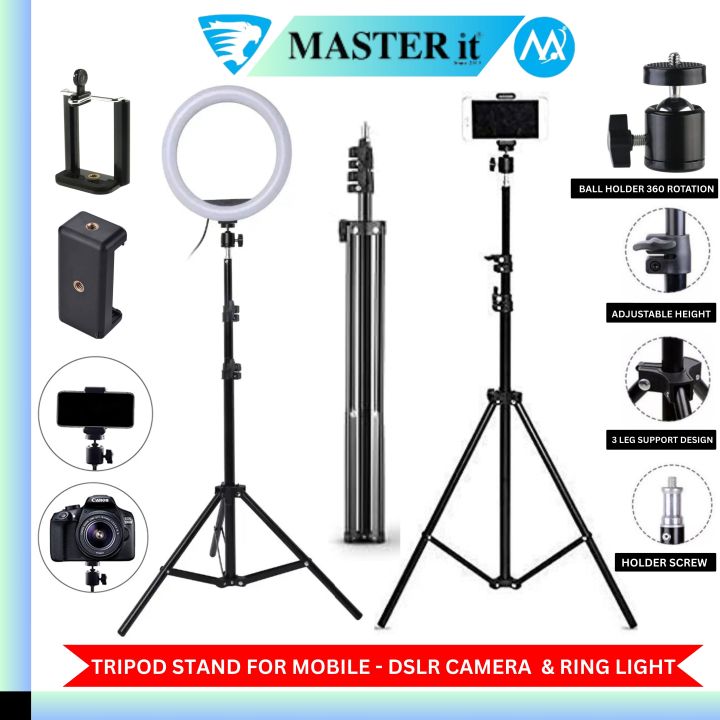 Aluminium 7 Feet Tripod Stand For Ring Light, Mobile Phones & DSLR Cameras - 360 Rotatable Portable & Adjustable 7 Ft Long Tripod With Mobile Holder & Ball Head - Best Use For Videography, Photography, Tiktok, Youtube, Studio Lighting, Equipment - Black