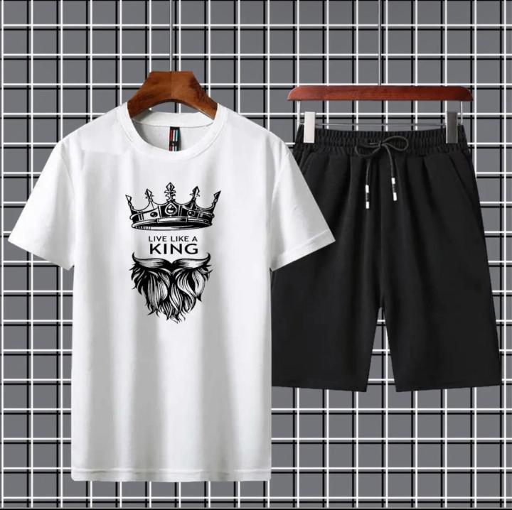 tracksuit-New Trendy King With Crown Printed stylish Round Neck Half Sleeves Casual T Shirt And Matching Short Gym Part Shirt And Jogging Short For Men And Boys