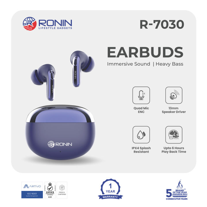 Ronin R-7030 Earbuds, Environmental Noise Cancellation with IPX4 Water Resistance, Stereo Sound, and Long Battery Life, Heavy Bass, High-Quality Sound & Quad-Mic for Clear Calls, The Perfect Balance of Clarity and Bass