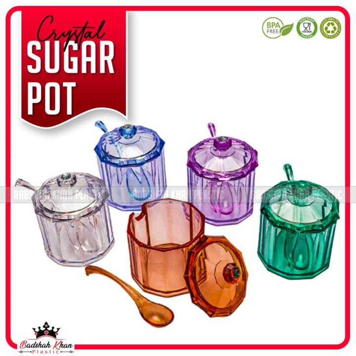 Clear Crystal Sugar Pot & Spoon - Premium Quality Diamond Crystal Sugar Pot With Spoon For Daily Use - BPA Free Environment Friendly Crystal Sugar Pot
