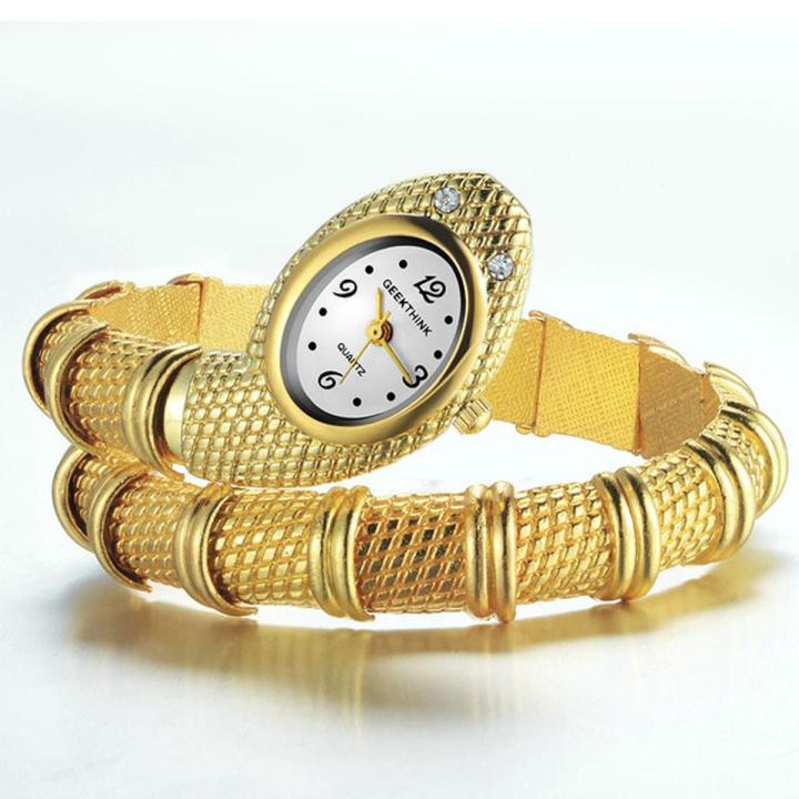 Geekthink Quartz Watch Women Ladies Snake Shaped Bracelet Watch Bangle Diamond Ornaments Silver Gold