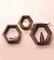 Hexagonal wooden shelf set of 3 & set of 6  wooden wall rack shelf,  book shelf, artifact shelf. 