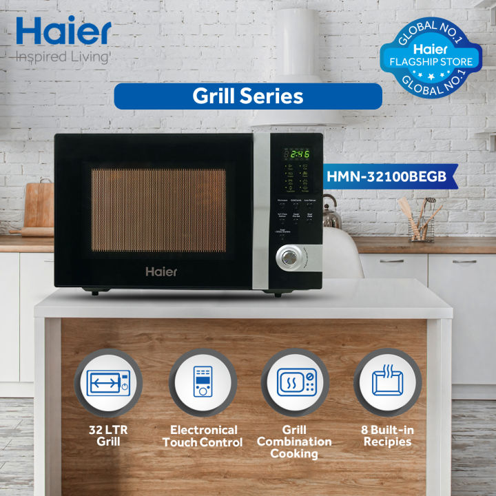 Haier 32L / Grill / HMN-32100BEGB ( Large Capacity + Touch Press + Internal Light + Pull Handle Door ) / Microwave Oven / Brand Warranty