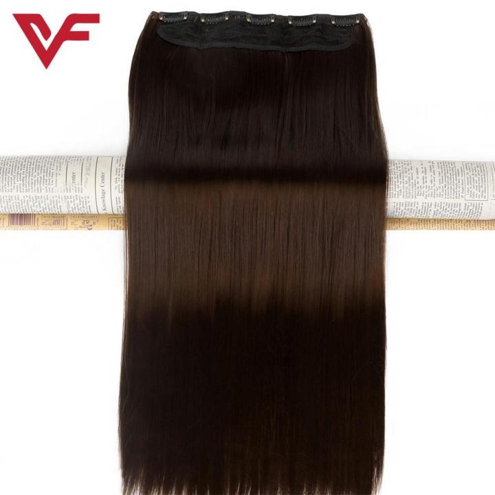 🔥 [BEST SELLING] 🔥 5 Clips In Straight Synthetic Hair Extension Natural Brown Hair Extension Wigs For Her Natural Looking Heat Resistant Hair for Women Synthetic Wig Head Hair Styling