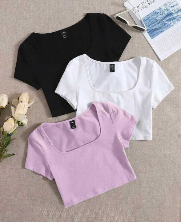 Women's Cotton Crop Top – Short Sleeve Scoop Neck Stretchy Casual Shirt, Black, Large - View #3