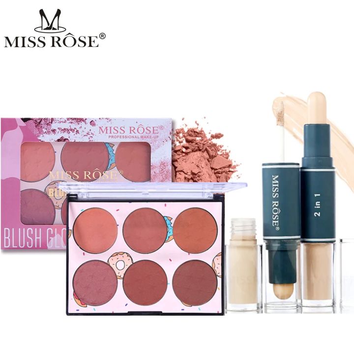 Miss Rose New 2 PCS Set 6 Color Blush Glow Palette & 2 IN 1 Concealer (Liquid & Stick)