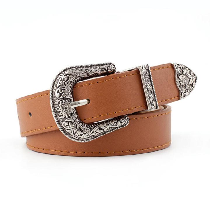 Vintage Western Women Belt Carve Metal Buckle Waist Belt PU Leather Strap Ladies Casual Jeans Pants Belts