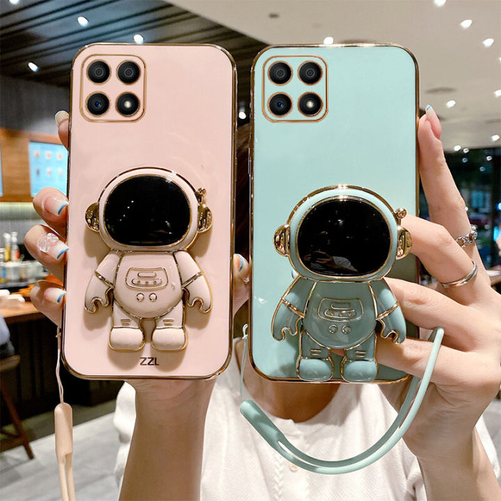 For Honor X6 4G / Honor X6A / Honor X5 Back Cover with Lanyard + Cartoon Astronaut Folding Stand Luxury 6D Plating Square Bumper Phone Case Shiny Soft Silicone Full Camera Protection Cases Pouch