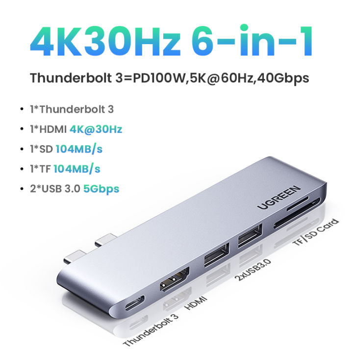 UGREEN Multifunction Adapter USB C Hub Dual Type C to USB 3.0 Splitter HDMI Adapter for MacBook Pro USB 3.0 USB Type C to 4K HDMI, Thunderbolt 3 100W Power Delivery, 3 USB 3.0 Port Station for MacBook Air 2024, MacBook Pro 2024