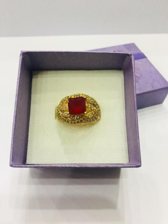 Ring gold plated one carat with white stones and ruby for women