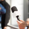 Microphone Square Logo Station Handheld Cube Shaped Interview Microphone Station Flag Microphone Parts for Interview Microphone Portable ABS Injection Molding (White). 