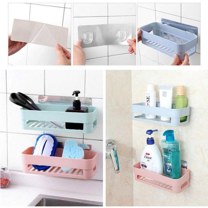 Kitchen Shelf Storage Rack Self Adhesive Traceless Rectangular Box Organizer Plastic Hanging Toilet Bathroom Desktop Wall Mount No Driling Required