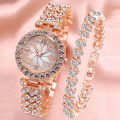 Elegant 2pcs Women's Bracelet Watch Durable Waterproof Mental Strap Ladies Wristwatch Chic Girls Diamond Inlaid Watches. 