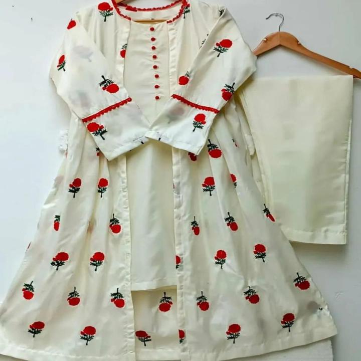 Stylish Rose Embroidered Gown/Coat 3 Piece Suit for Women with Inner & Trouser - Embroided Dresses for Women