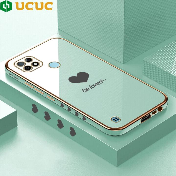 UCUC for Realme C21 Back Cover + Free Lanyard Lover Heart Luxury 6D Plating Case Side Pattern Soft Silicone Square Phone Cases