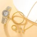 LooKeo Mall 6PCS Diamond Set watch Classy Golden Ladies Wrist Watch Women's earrings, necklaces, bracelets, ring accessories. 