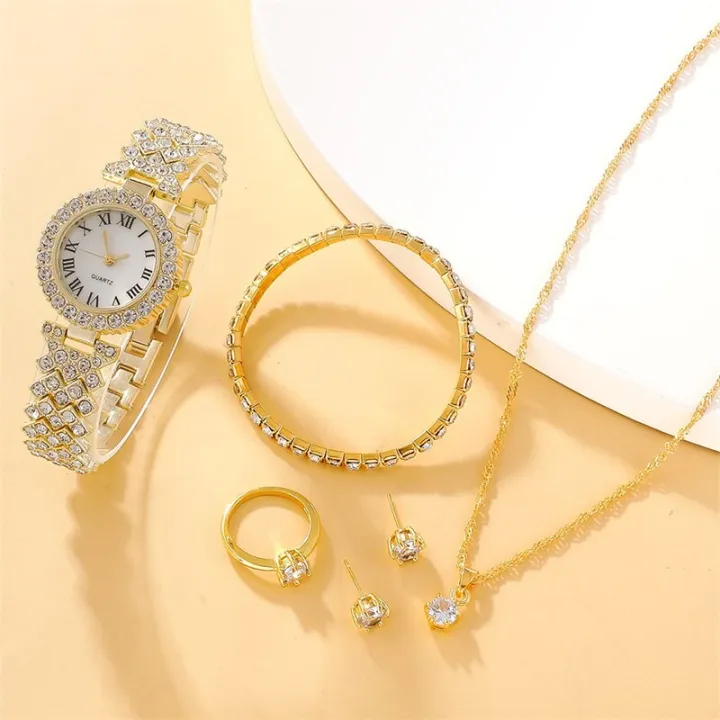 LooKeo%20Mall%206PCS%20Diamond%20Set%20watch%20Classy%20Golden%20Ladies%20Wrist%20Watch%20Women's%20earrings,%20necklaces,%20bracelets,%20ring%20accessories%20-%20Image%203