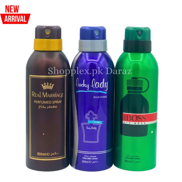 Body Spray Deodorants Perfumed Long Lasting Pack of 3 Big Bottle 200ml Real Marriage| Lucky Lady | Big Boss Men Lucky Brand Fragrance Perfumed For Men and Women Value Budget Gifting Birthday Anniversary Unisex Body Spray Gifting All Corporate officers