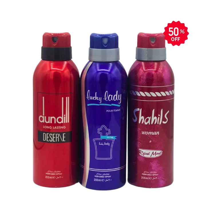 Body Spray Deodorants Perfumed Long Lasting Pack of 3 Big Bottle 200ml Dundill Deserve| Lucky Lady | Shahils Lucky Brand Fragrance Fresh Scent Perfumed For Men and Women Value Budget Gifting Birthday Anniversary Unisex Body Spray Gifting All Cooperate