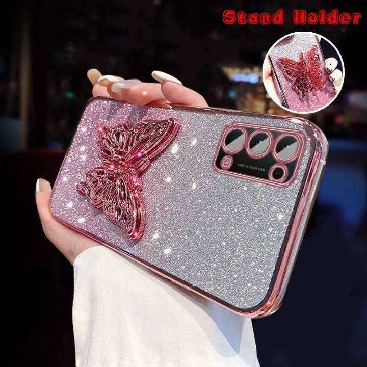 For Samsung Galaxy A51 4G A71 4G A21s A31 M51 M31 M30s M21 Back Cover with Cute Butterfly Stand Luxury Slim Gradient Plating Glitter Girls Phone Case Clear Soft Silicone Protective Cases Pouch