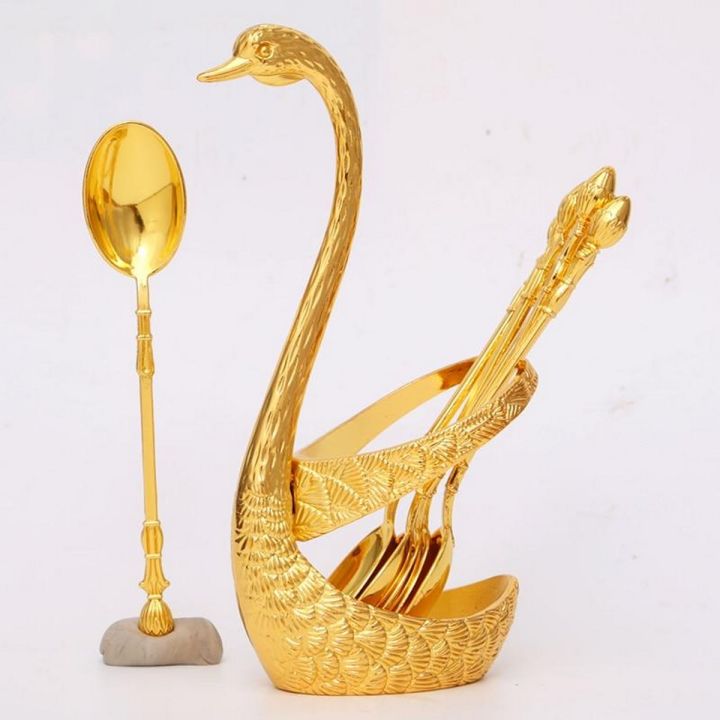 Metal%20Duck%20Style%20Stand%20And%206%20Pcs%20Golden%20Spoon%20Set%20%20-%20Stainless%20Steel%20Fruit%20Cake%20Coffee%20Tea%20Spoon%20Swan%20Holder%20Cutlery%20Decor%20-%20Image%202