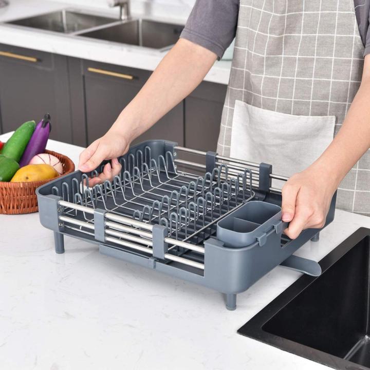 Expandable Dish Rack,Foldable Stainless Steel Dish Drainers With Removable Cutlery Holder & Non-Scratch Plate Rack, Adjustable Dish Drying Rack With Swivel Drainage Spout