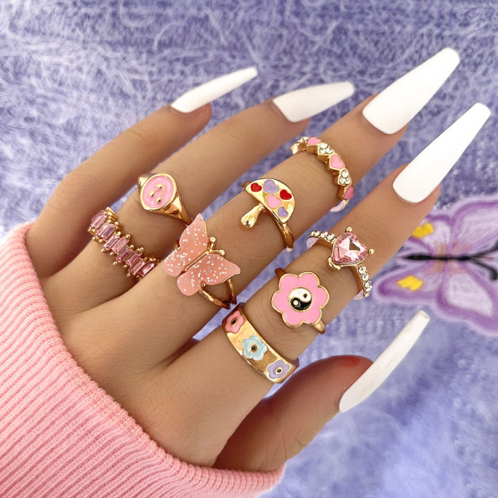 Sindlan 8Pc/Set Vintage Butterfly Flower Punk Rings y2k Ring Set For Men Women Gold Plated Crystal Ring Set Jewelry