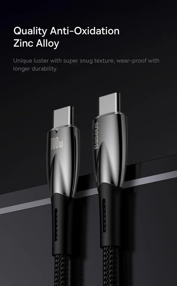 Baseus Glimmer Snel Oplaadkabel USB Naar Type-C (100W, 2m) - Zwart, Nylon Vlecht