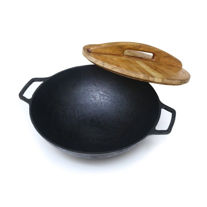 Cast Iron Wok 12.5" with Wooden Lid,  Krucible Kitchen, non stick karahi full size (with lid), Non Stick Cooking Wok, Black Karahi