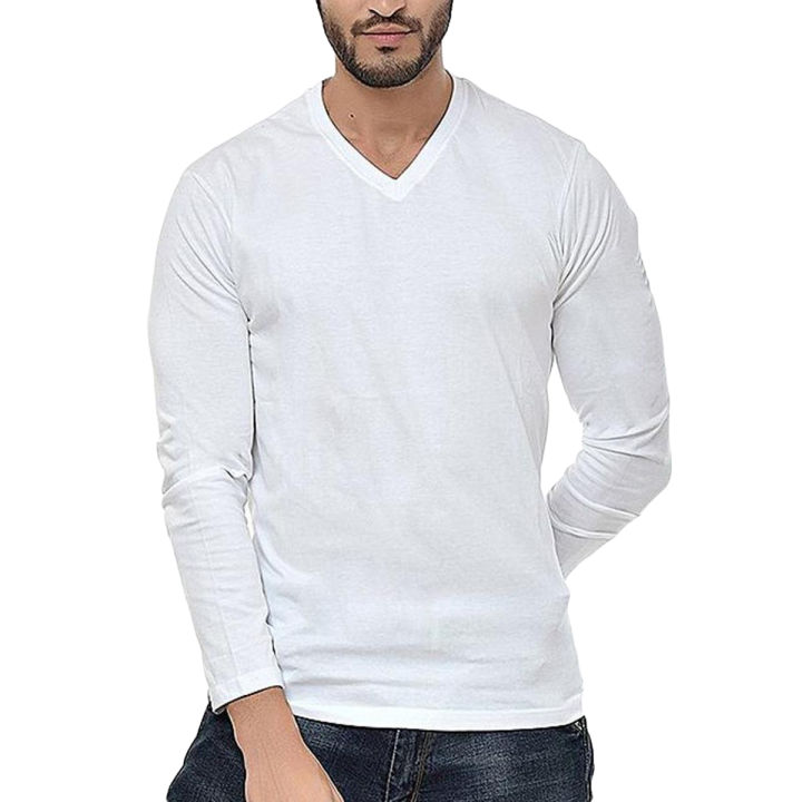 Plain White V Neck Full Sleeves Cotton For Men Tshirt | Daraz.pk