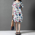 OIMG Vintage Women Loose Cotton Dress Ethnic Floral Print Pockets Short Sleeve Casual Midi Long Dress White. 