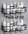 "Multipurpose Wall-Mounted Storage Rack - 1 Layer Metal Shelf with Hooks, Black Metal Shelf, Shower & Bathroom Storage Organizer, Kitchen Wall Rack, Durable Punch Frame, Space-Saving Design". 