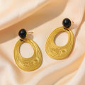 Eilieck 316l Stainless Steel Oval Tree Whorl Pattern Earrings For Women Black Stone Ear Jewelry Party. 