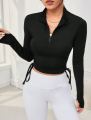 LONG SLEEVE SPORTS T-SHIRT WITH ZIPPER & DRAWSTRING FRONT. 